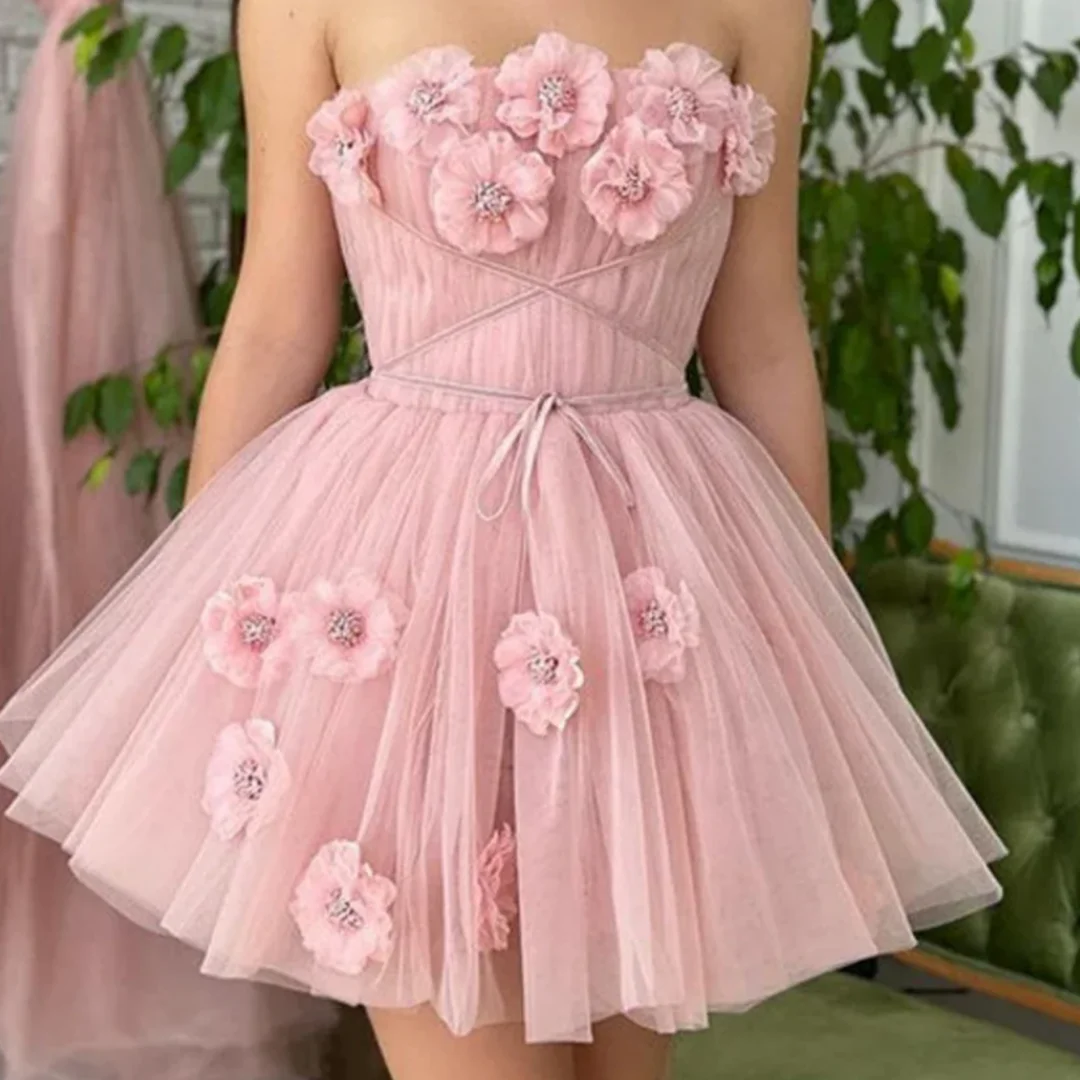 Modern New Mini 3D Flowers Strapless Homecoming Dresses Elegant Sleeveless Backless Party Wedding Gowns Customized