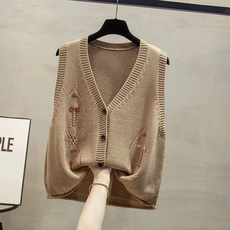 

V-Neck Knitted Hollow Out Cardigan Vest Women's 2025 Autumn New Fashion Loose Sleeveless Elegant Sweater Waistcoat Female Tops