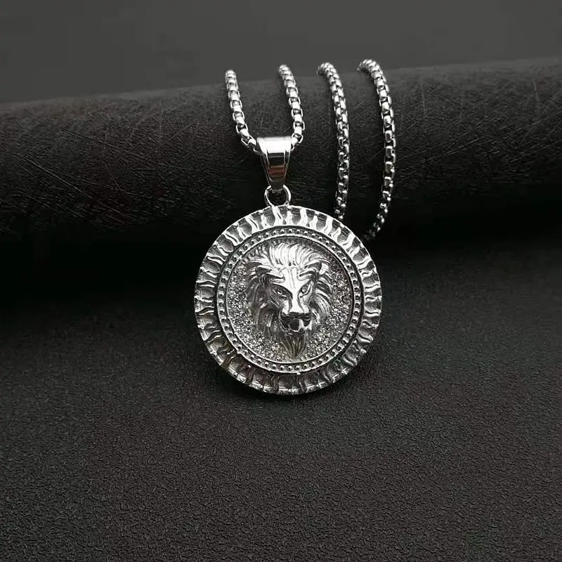 Stainless Steel Titanium Vintage Round Lions Head Fire Hip Hop Pendant Collar Chains Necklace for Men Women Gift Jewelry