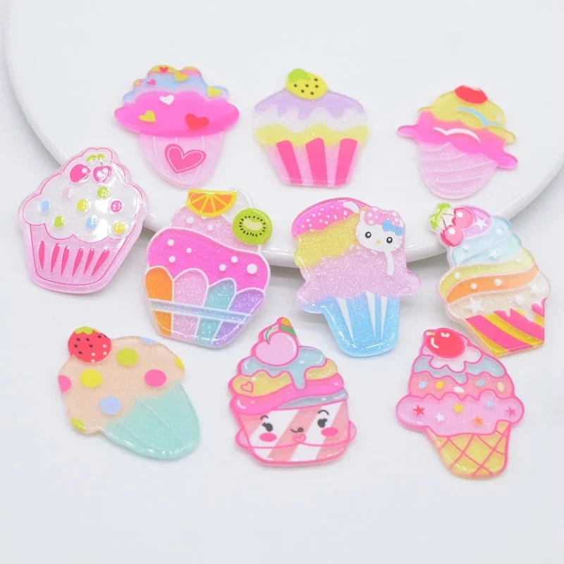 10Pcs 4CM Glitter Acrylic Cup Cake & Cupcake Shop Flatback Resin for DIY Baby Headwear Hair Clips Embellishments Accessories