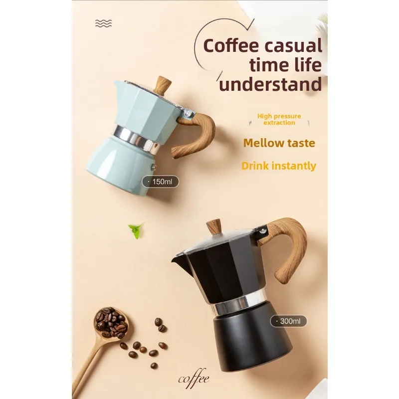 Vintage Wooden Handle Espresso Maker Classic Italian Style Single/Double Valve Moka Pot for Home Outdoor Cafe Accessories
