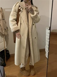 Abrigo de invierno largo de abrigo de piel de oveja para mujer, abrigo grueso y cálido con cuello de tapeta holgada Vintage, abrigos de felpa de gamuza para mujer