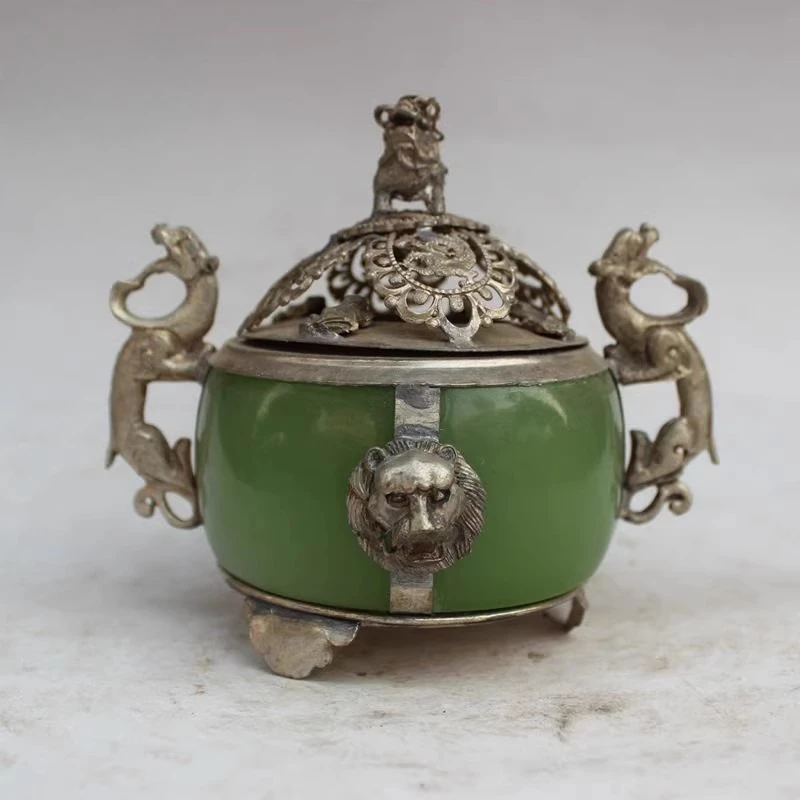 UNIQUE CHINESE SILVER COPPER INLAID JADE DRAGON LION INCENSE BURNER