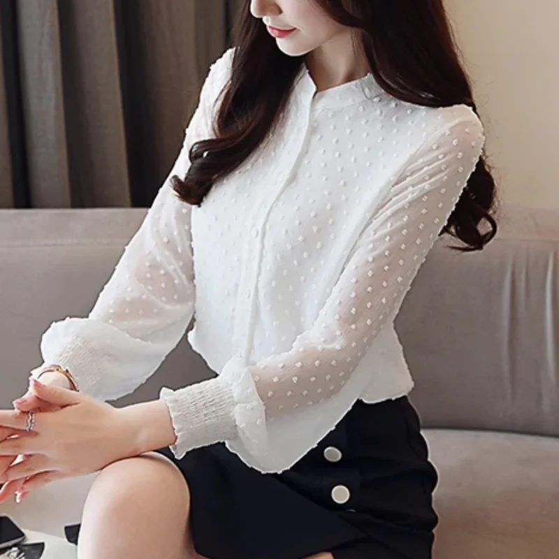 2024 Fashion Sweet  Wave Point Long Sleeve Women Shirt Autumn Casual White Blouses Office Lady Elegant Tops