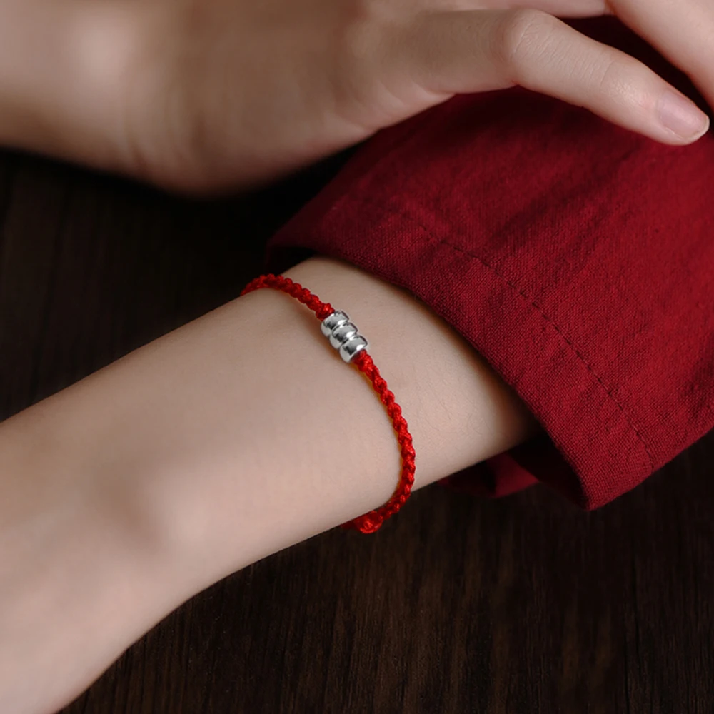 Handmade 3 Beads Red String Bracelet for Women Men Silver Color Lucky Bead Red Rope Bracelet Amulet for Protection Charm Jewelry