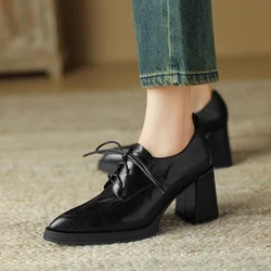 NEW Spring/Autumn Women Shoes Pointed Toe Chunky Heel Shoes Genuine Leather Shoes for Women Retro Lace up High Heel Women Pumps