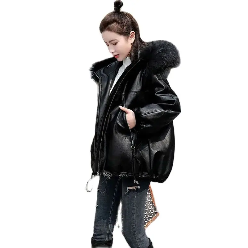 Women\'s Leather Cotton Coat Parka 2023 New Winter Jackets Short Hooded Warm Windproof Motorcycle Outerwear Leather Clothing