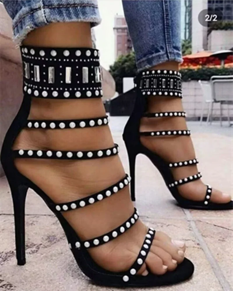 New Women Gladiator Sandals Sexy Open Toe Hot Diamond Pearl Ankle Band Wrap Back Zipper Cover Heels Thin HIgh Heel Roman Shoe