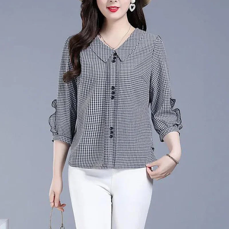 

Elegant Fashion Chic Ruffle Retro Plaid Print Peter Pan Collar Shirts Blouses Women Spring Summer Casual 3/4 Sleeve Ladies Tops