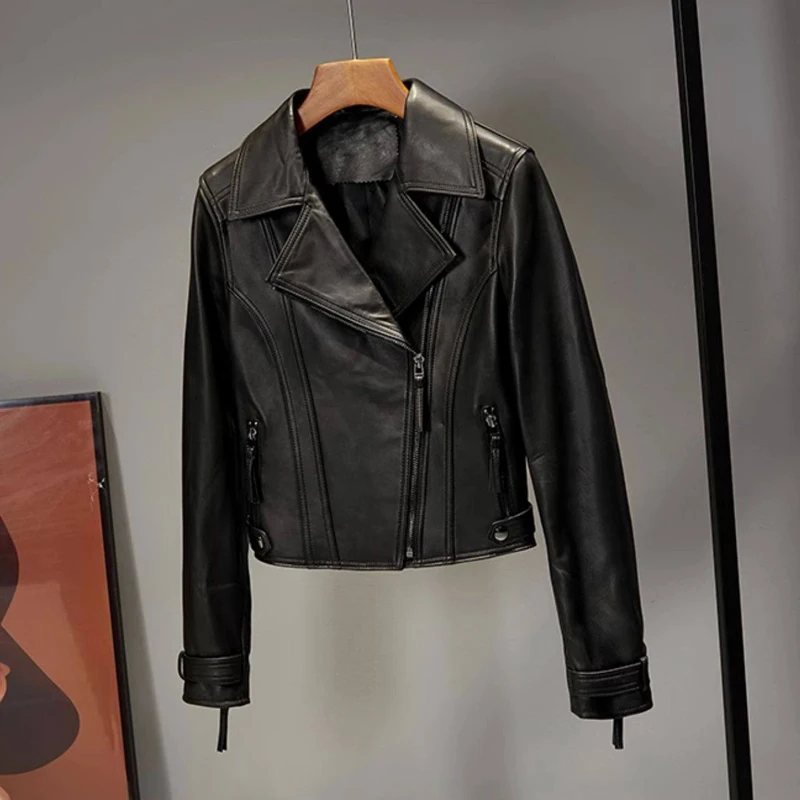 Ropa de cuero auténtico, chaquetas de piel de oveja para mujer, moda marrón, chaquetas informales cortas ajustadas de manga larga para motocicleta
