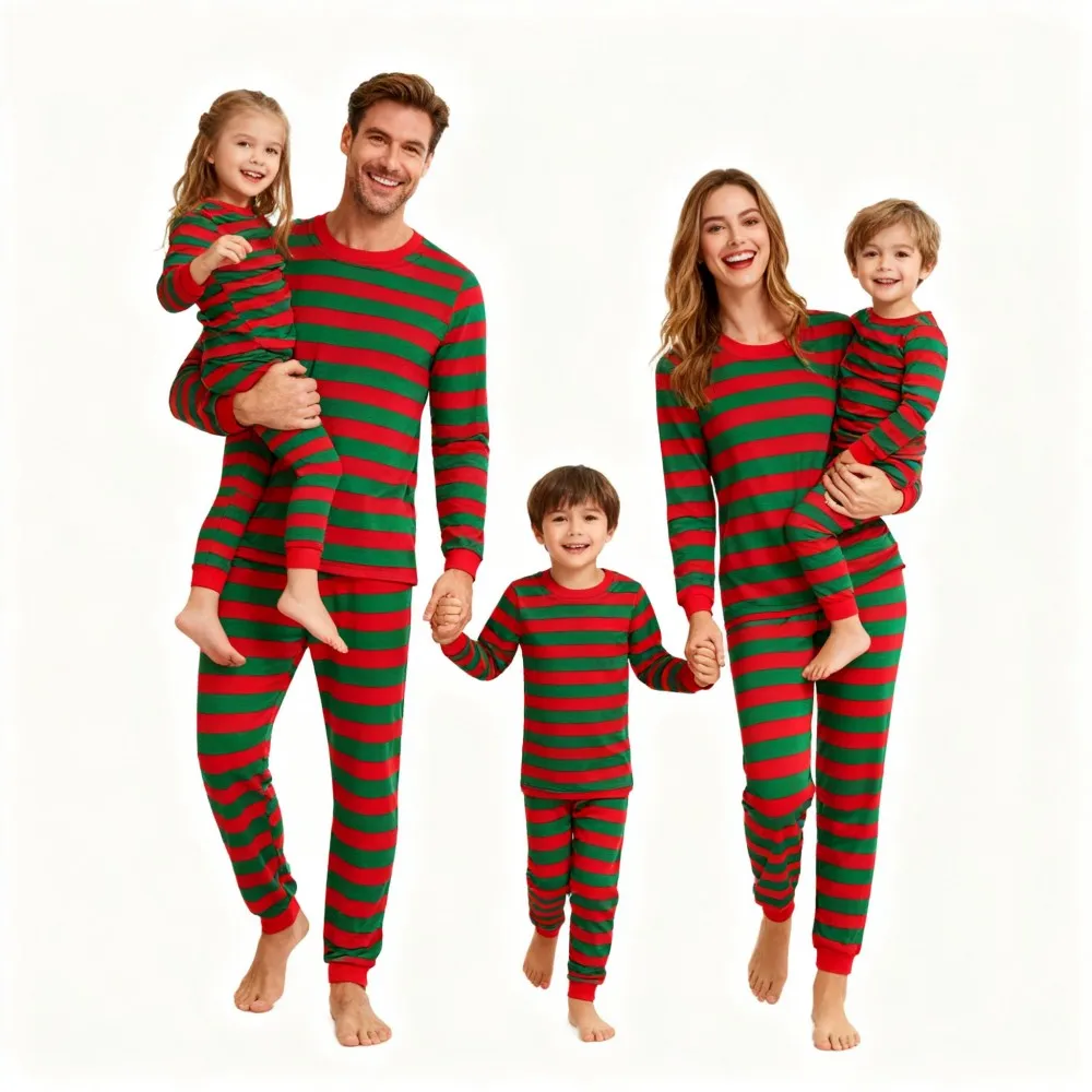 Christmas Family Pajamas Set Matching Red Green Stripes Long Sleeve Sleepwear for Parents Children Kids Festive Xmas Pjs Outfits