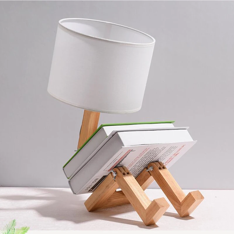 Modern Robot Shape Wooden Table Lamp Holder 110-240V Cloth Art Wood Desk Table Light Parlor Indoor Study Night Light E14 Lamp