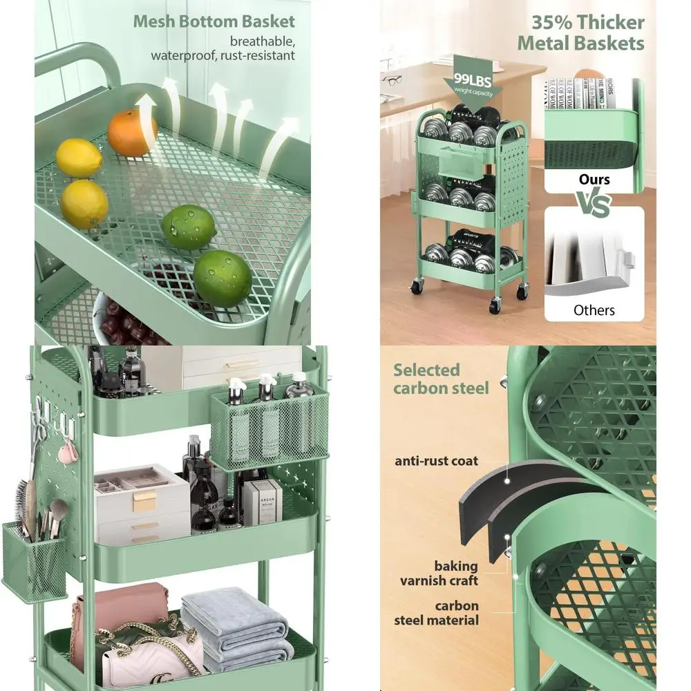

Green 3-Tier Rolling Cart with Metal Utility, Pegboards, Baskets, and Hooks - Storage Solution for Home and Office