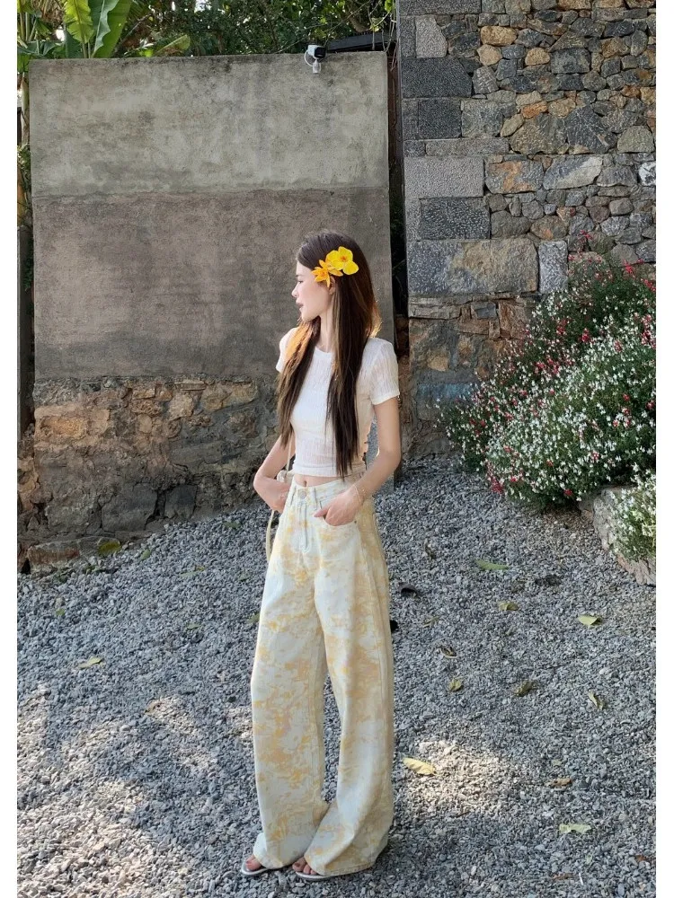 하이웨이스트 염색 프린트 루즈핏 여성 청바지 미국 스타일 여름 와이드 레그 팬츠 스트레이트 컷 바지 롱 플로어 길이 디자인