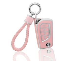 for Toyota Key Fob Cover with Keychain, Pink Soft TPU Key Case Protection Shell Fit for Toyota Fortuner Tundra Camry RAV4 Highla