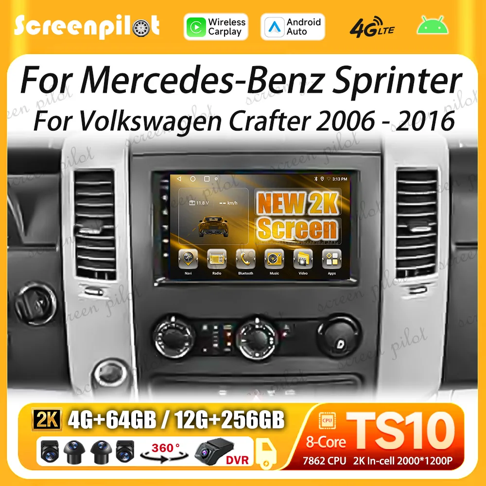 For Mercedes-Benz Sprinter For Volkswagen Crafter 2006 2007 2008-2016 Android16 Multimedia Video Player GPS 2K QLED Bluetooth