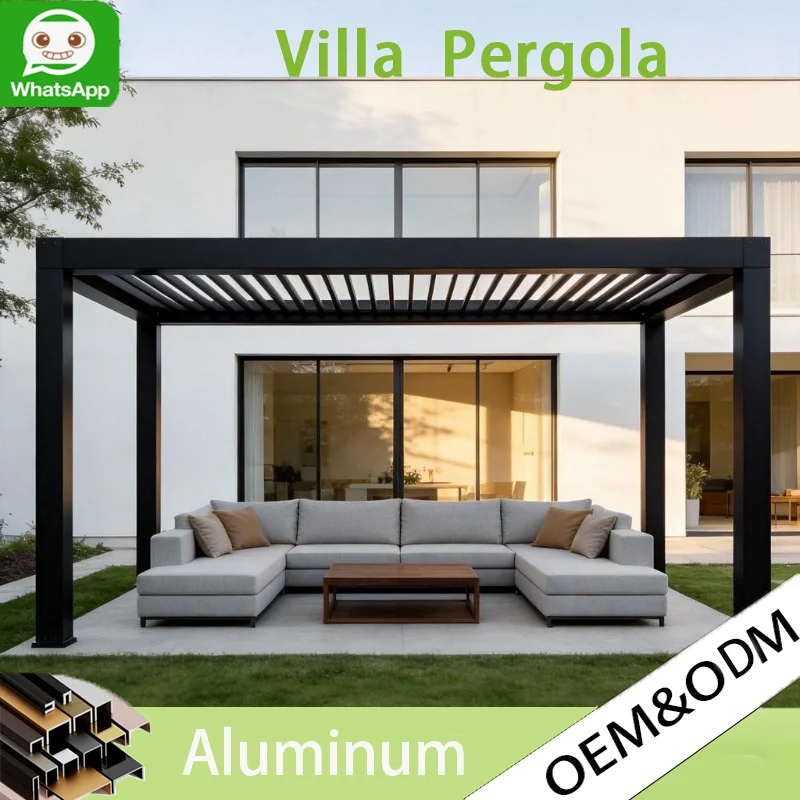 Aluminum Outdoor Pergola with Sliding Glass Door, Motorized Adjustable Balcony Pavilion, Windproof Durable Eco Patio Canopy