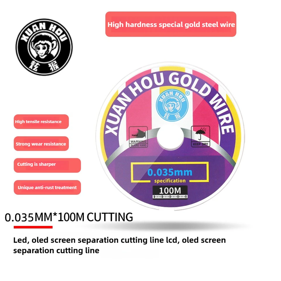 100 m de hilo de corte de vidrio para pantalla LCD de acero dorado de alta dureza de 0.028 mm a 0.1 mm, herramienta de reparación para teléfonos y tabletas 5