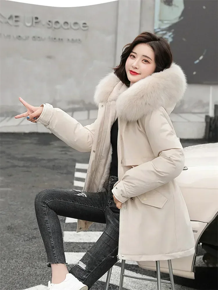 Winter Coat Low Price On Sale Women Beige Add Wool Thick Warmth Fur Hooded Parkas Jacket 2024 New Fashion Belt Slim Cotton Coat