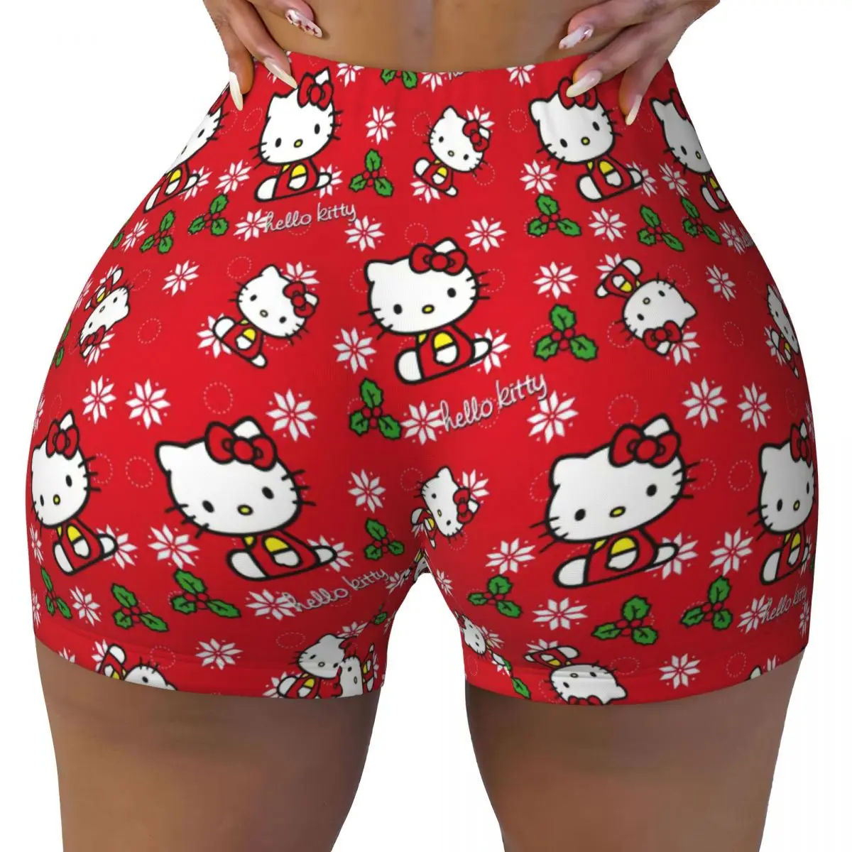 

Красные шорты для йоги с героями мультфильмов «Hello Kitty», женские байкерские шорты для бега, фитнеса, тренировок в тренажерном зале