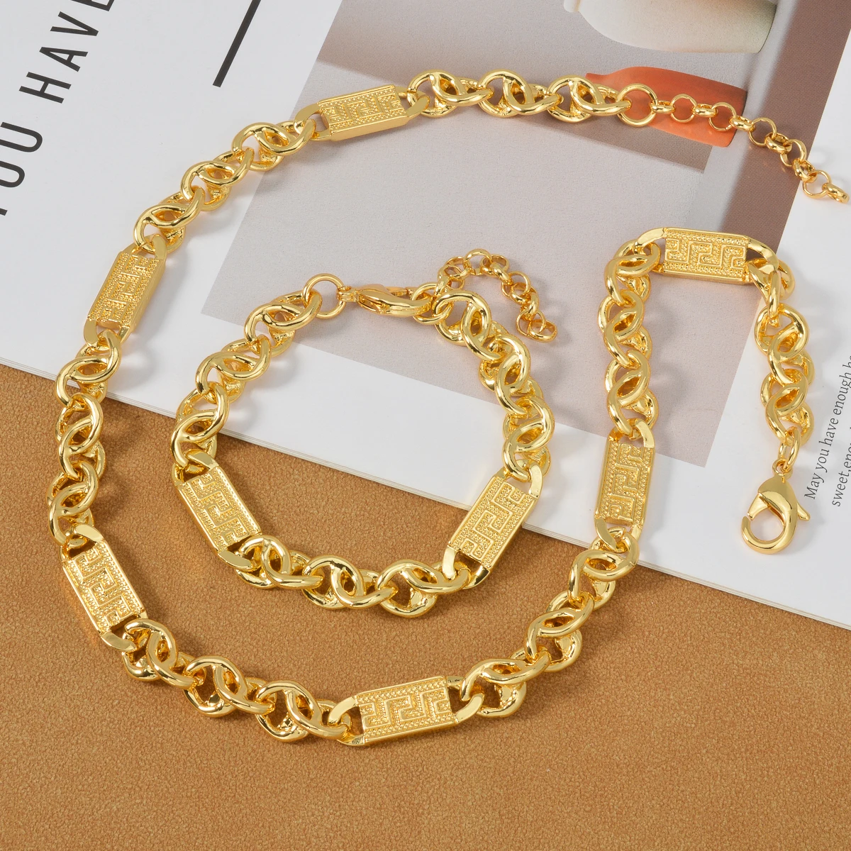 Textured Rectangle Link Chain Jewelry Set Gold Plated Necklace Bracelet Unisex Chunky Curb Choker Daily Party Hip Hop Accessory