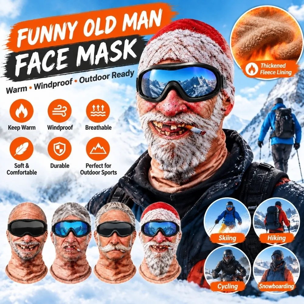 3D Printed Funny Face Balaclava with Cigar Windproof Old Man Balaclava Breathable 3D Face Full Face Mask Outdoor Sports