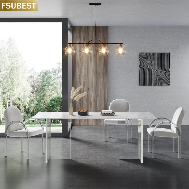 FSUBEST Modern Rock Slab Kitchen Dining Table With 6 Chairs Set Acrylic Floating Base Dinner Tables Set Cadeiras De Jantar