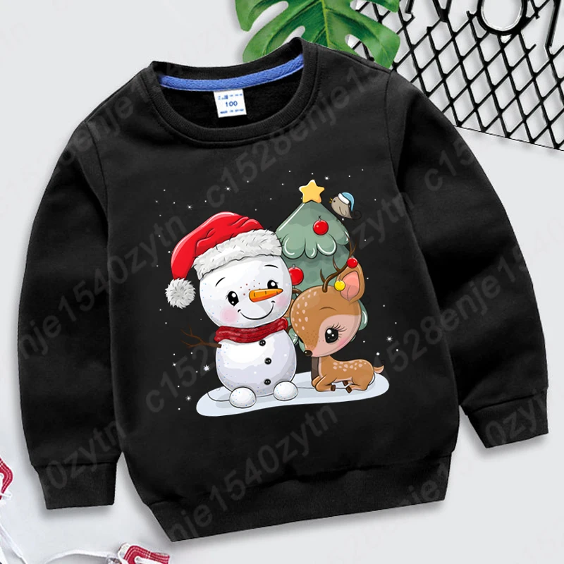 Christmas Tree Snowman Reindeer Print Pullovers Round Neck Kids Boys Girls Hoodeless Sweatshirts Long-sleeved Autumn Sweatshirts