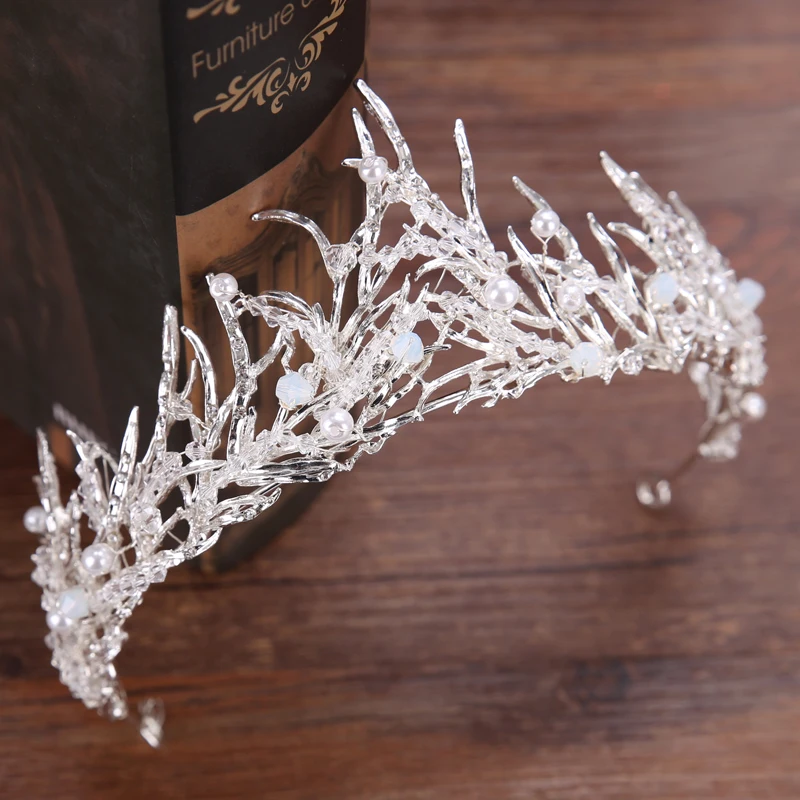 Trendy Wedding Crown Silver Color Pearl Rhinestone Crystal Bridal Tiara Crown Hair Accessories Queen Diadem Wedding Hair Jewelry