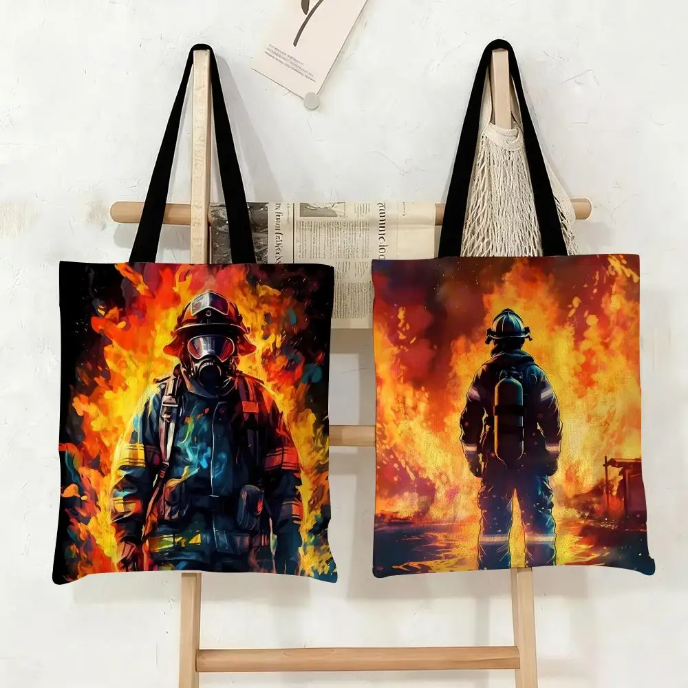 Brave Firefighter Fire Storage Bags Canvas Tote Bag Large Capacity Double-Sided Print Reusable Shopping Bag Shoulder Bag