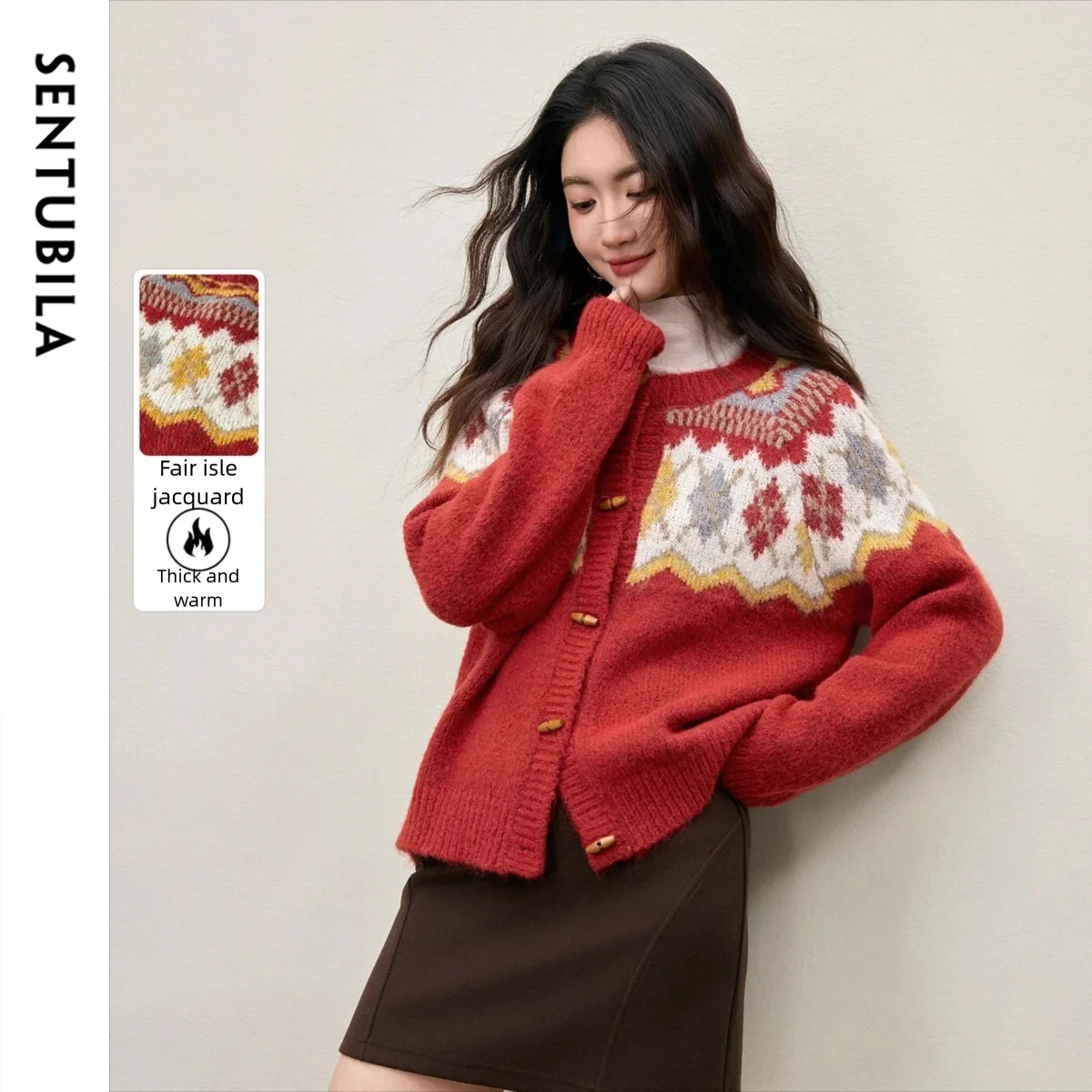 

SENTUBILA Кардиган для женщин 2025 Зимний вязаный свитер скандинавским узором и длинными рукавами Повседневная верхняя одежда Легкая свободная одежда W54EB4827