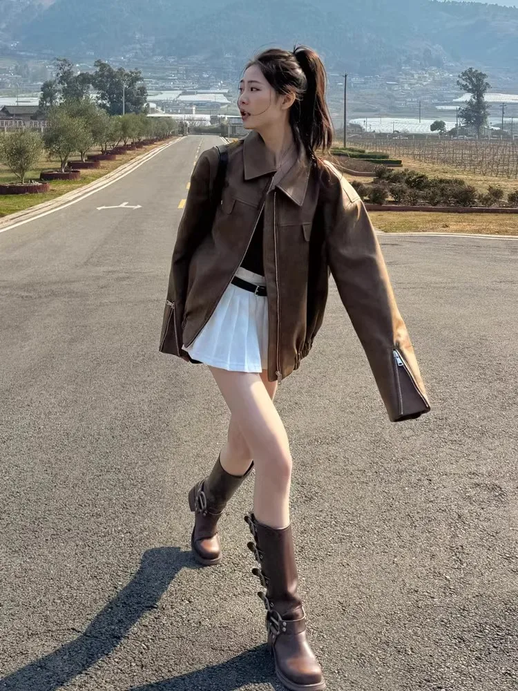 

Retro American Brown Loose Slimming Versatile Jaet Outerwear Faionable Autumn PU Leather Coat for Young Women