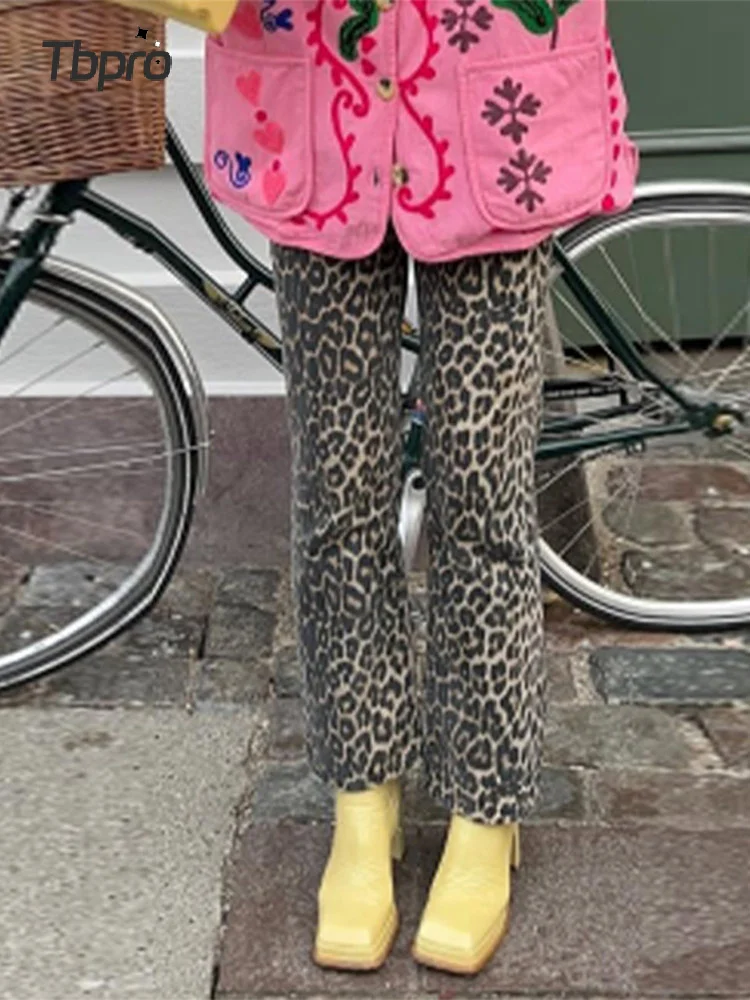 

Leopard Print Straight Pants Women Vintage Chic Casual High Waist Cotton Trousers Spring Ladies Commuting Streetwear