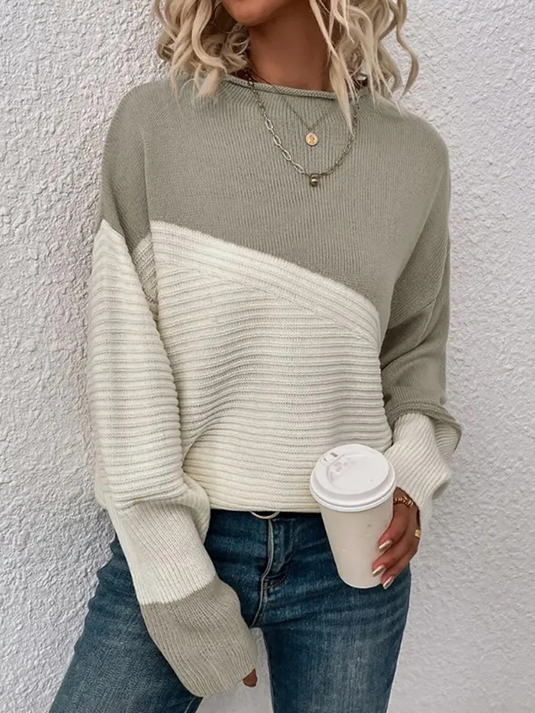 

New Autumn Winter Casual Women Patchwork Loose Long Sleeve Knitted Sweater, Basic Warm Pullover Jumper Tops, Streetwear Outfits