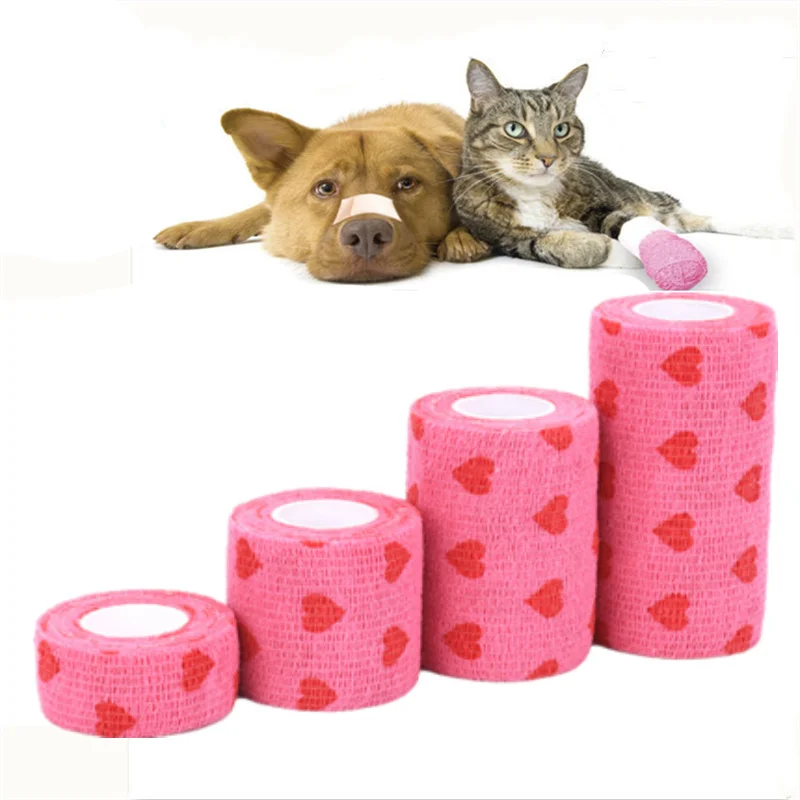 Pet Multi-functional Self-adhesive Elastic Bandage Non-Woven Fabrics Pets Breathable Tearing Pink Heart  Bandages for Dogs Cats