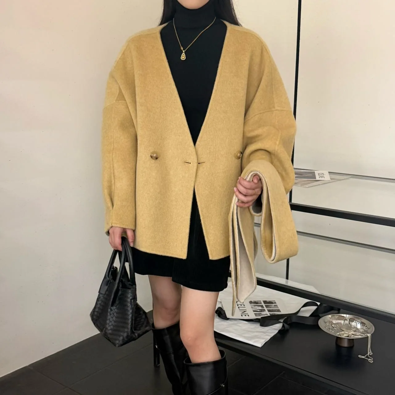 Women 2026 New Autumn Winter Korean Wrap Collar Double Faced Cashmere Coat Loose Double Sided Wearable Woolen Outerwear Overcoat