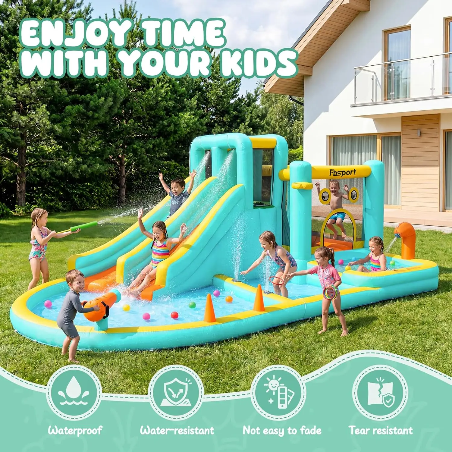 Double Slide Inflatable Water Park Bouncy Castle with Splash Pool, Water Guns, and Blower for Kids - Indoor & Outdoor Backyard Fun view 5