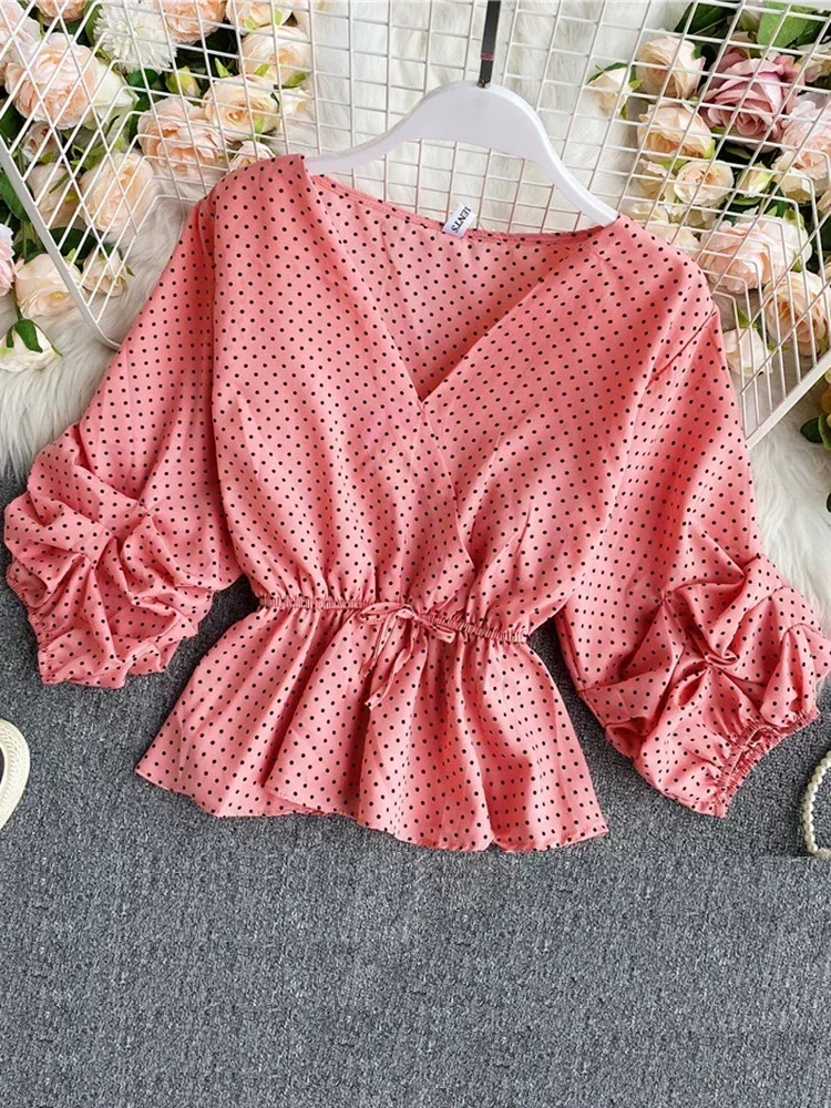 Spring Summer Women\'s Blouse New Retro Polka Dot V-neck Lantern Sleeve Tops Korea Thin and All-match Ruffled Chiffon Top LL154