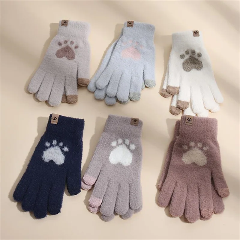 Guantes de punto con estampado de pata de gato para hombre y mujer, manoplas gruesas, suaves y esponjosas, cálidas, y pantalla táctil para teléfono móvil, Invierno