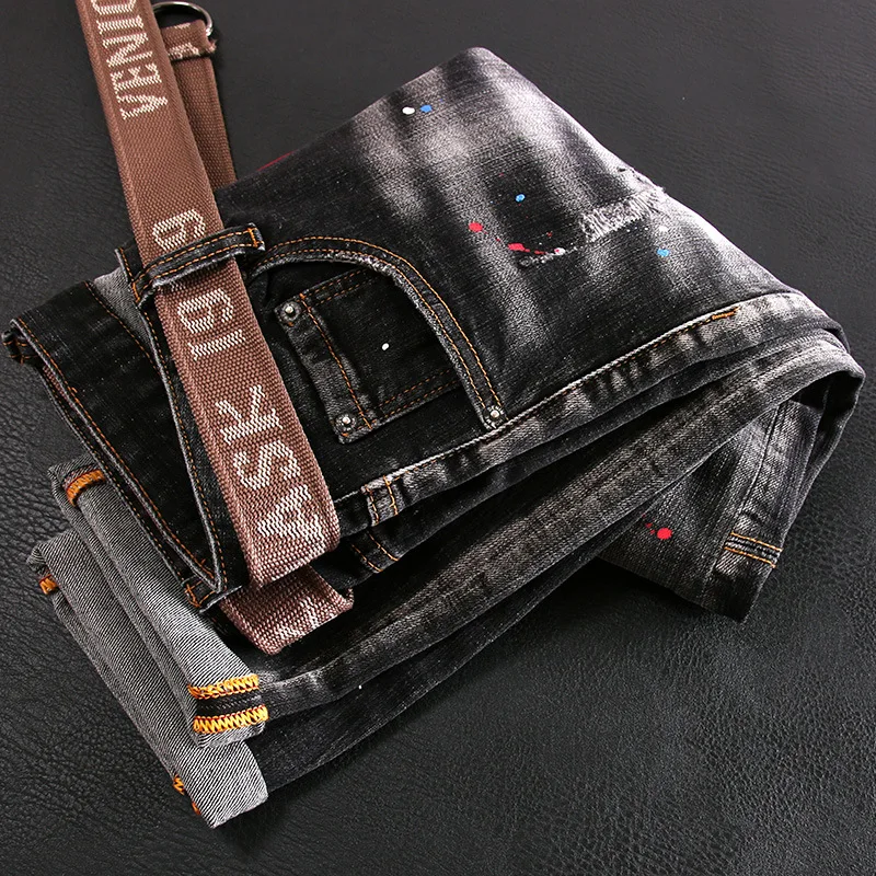 Fashion Pocket Designer Men Jeans Retro Black Gray Stretch Slim Fit Ripped Jeans Men Hip Hop Painted Vintage Denim Pants Hombre