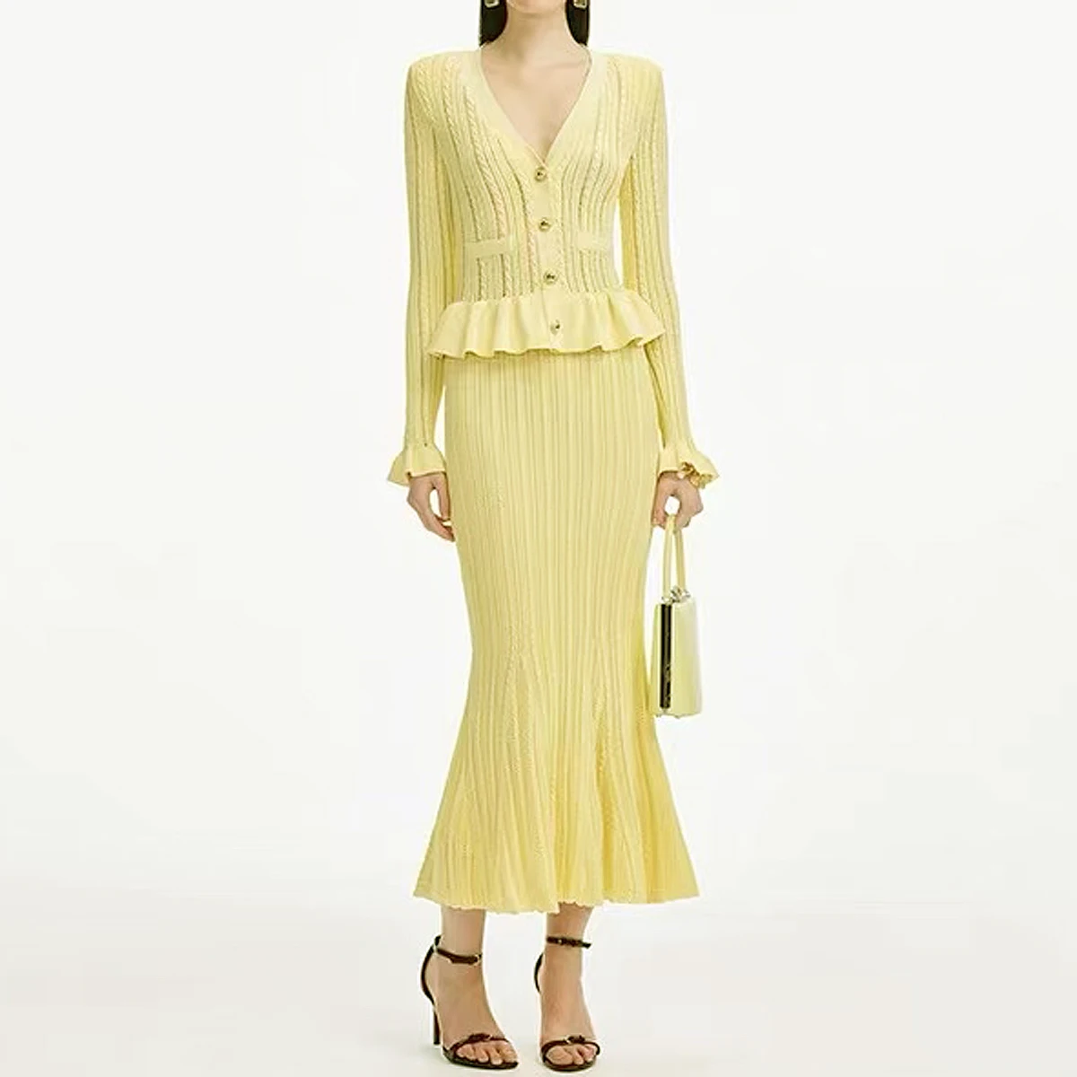 High Quality Autumn New Heavy Industry Long Sleeved Elastic Knitted Versatile Hollow Lotus Leaf Side Length Women's Dress