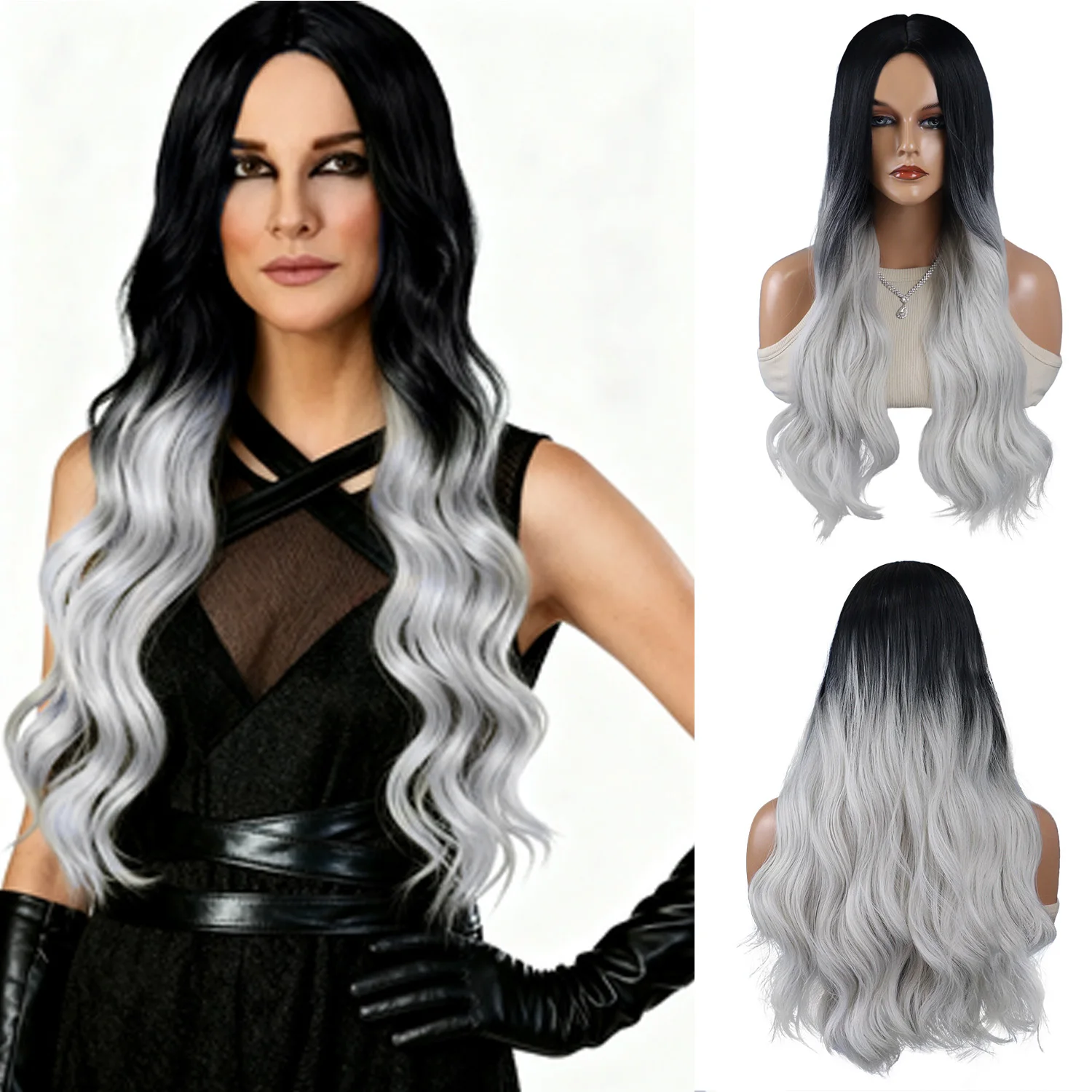 

Синтетическое волокно Ombre Серые длинные волнистые вьющиеся парики для женщин Повседневная вечеринка Косплей Хэллоуин Натуральный искусственный парик для кожи головы Женский Drag Queen