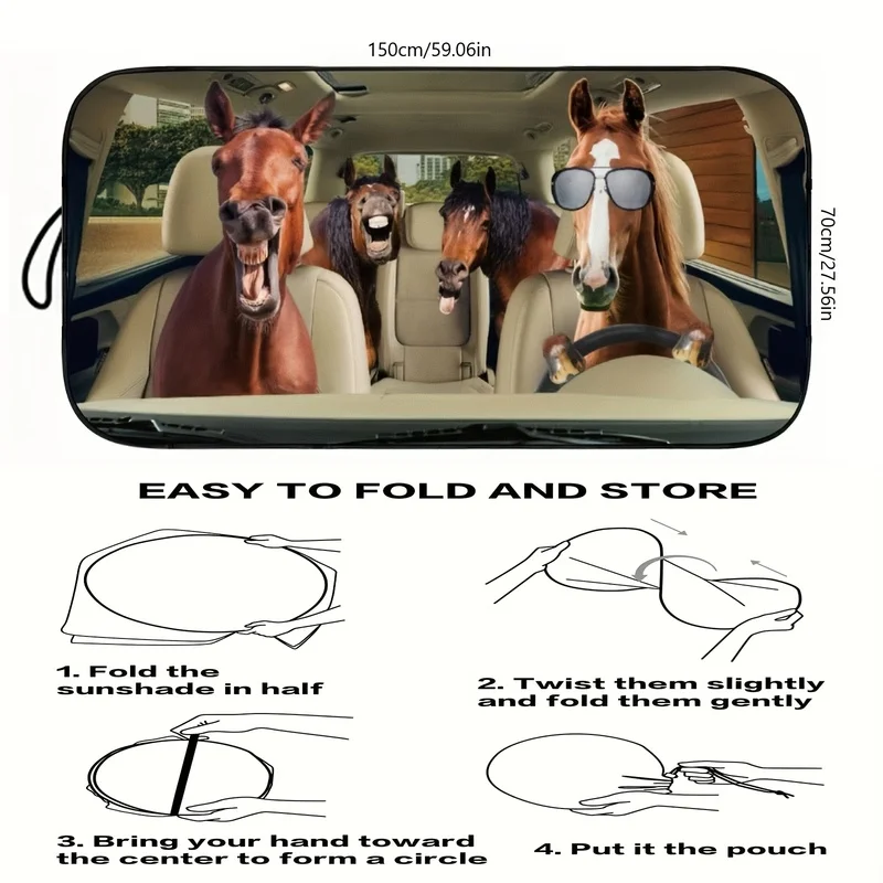 1Pcs Playful Horse Design Car Windshield Sun Shade, With 4 Free Suction Cups, Easy Installation, For SUV RV, Interior Sunshade
