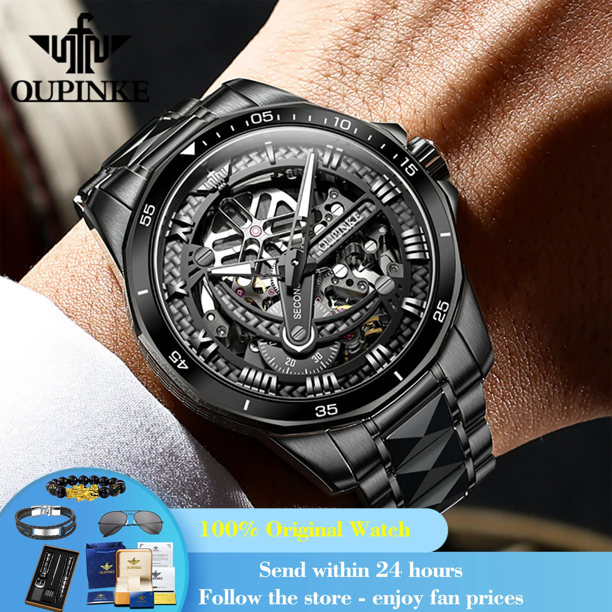 

OUPINKE 3178 Man Watch Hollow Mechanical Watch For Men Original Waterproof Men's Automatic Wristwatch Synthetic Sapphire Mirror