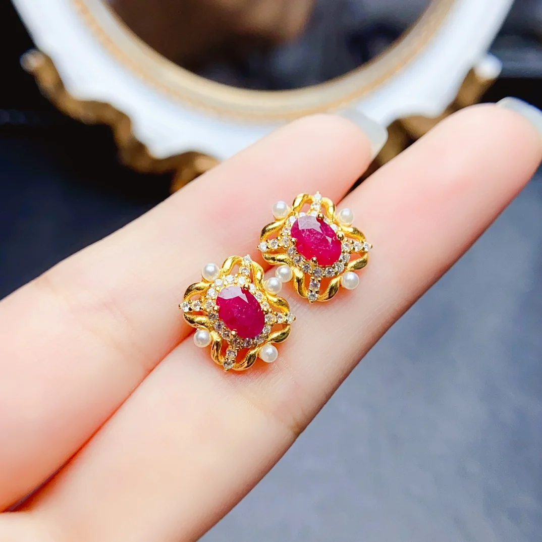 FS 4*6mm Natural Ruby S925 Sterling Silver Earrings for Women Fine Fashion Charm Weddings Jewelry With Certificate Gift MeiBaPJ