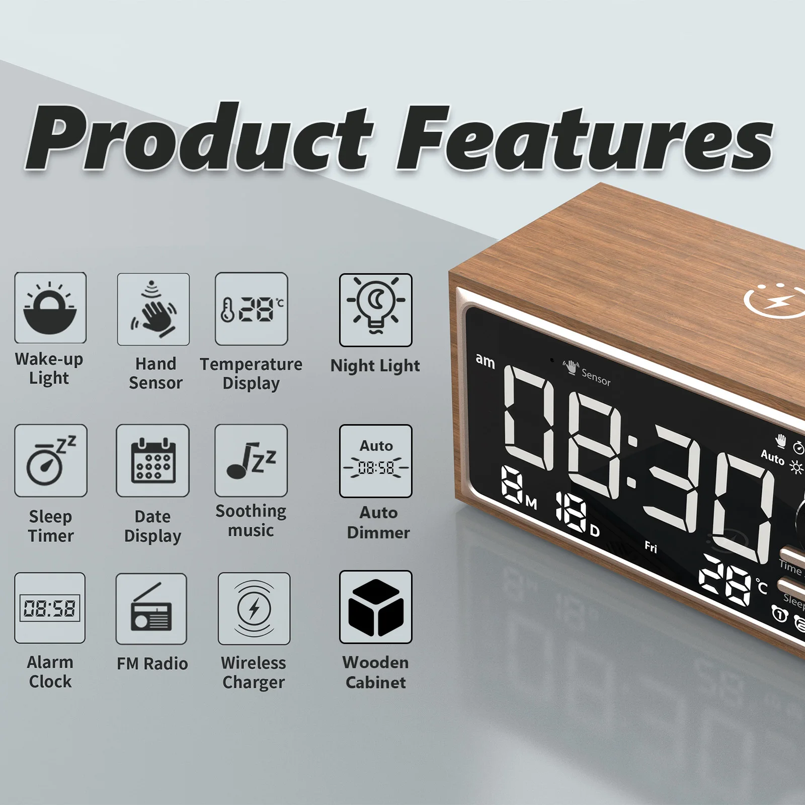 

WD-301 Multi-functional Bluetooth Speaker Bedside Alarm Clock: Dual Alarms, Temp Display, Sleep Music & 15W Wireless Charger