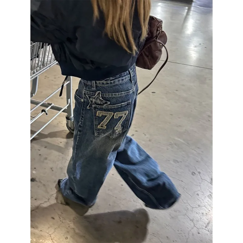 유럽과 미국 스타일 키 큰 여성용 가을 루즈핏 다용도 슬림 스트레이트 와이드 레그 롱진 (별 자수)