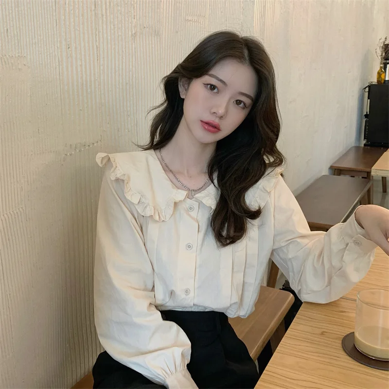 

Blouses Sweet Ruffles Peter Pan Collar Solid Spring Autumn Women Shirts Korean Fashion Chic Elegant Blusas Mujer
