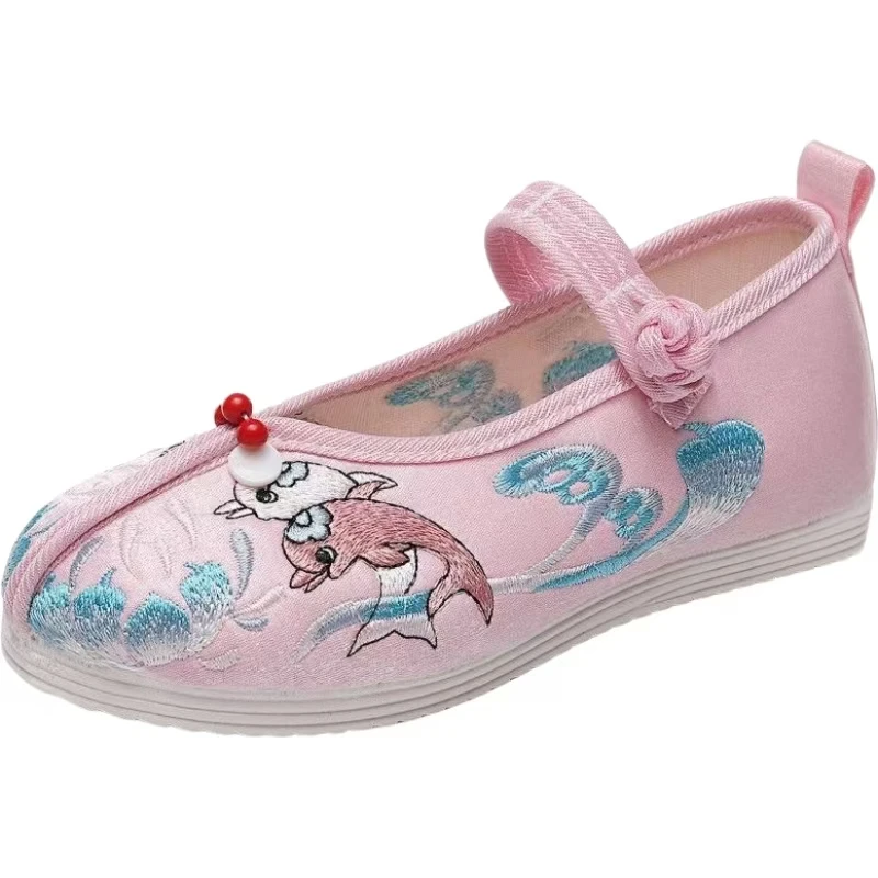 Girls Flat sole Embroidered Cloth Shoes Spring Summer New Soft Sole Non Slip Round Toe Buckle Strap Ethnic Style Hanfu Shoes