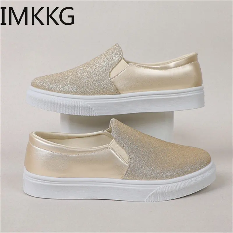 Women's Sequin Decoration Leisure Sneakers Flat Lightweight Slip on Low Top Casual Shoes Women's Footwear Size 43